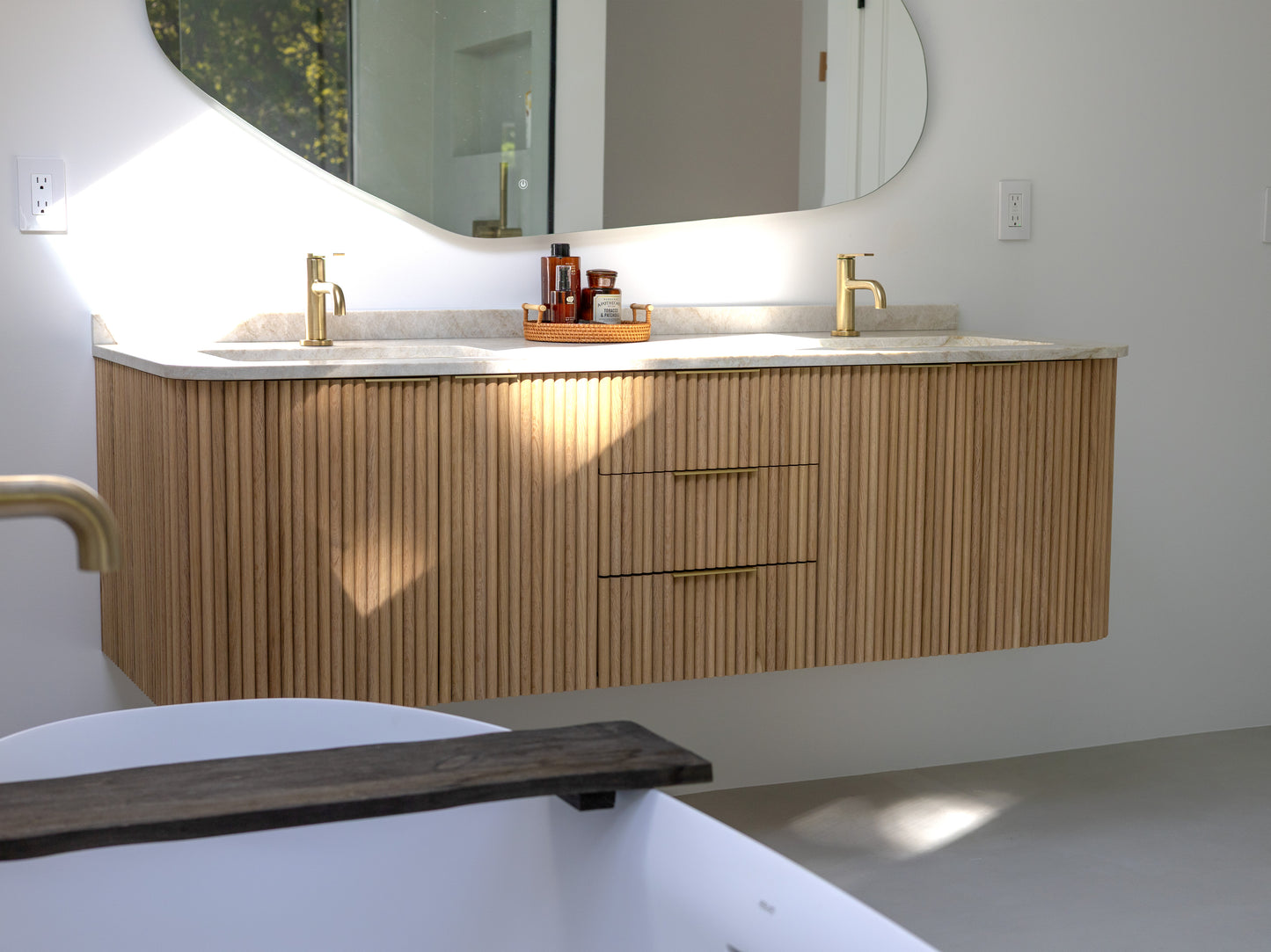 Curved Floating Double Sink Vanity with Oak Rounded Reed Fronts