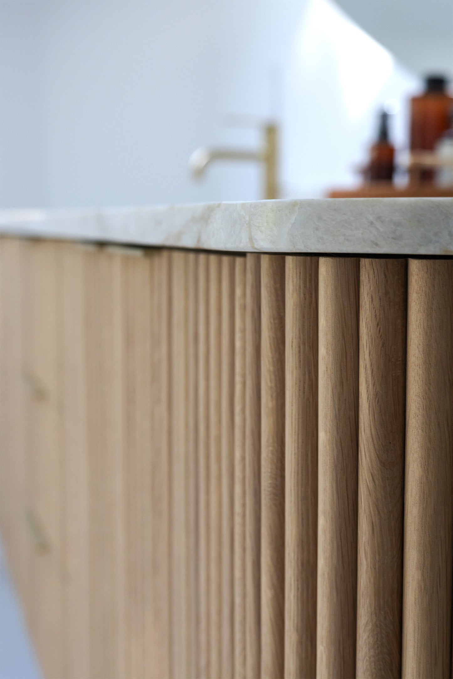 Curved Floating Double Sink Vanity with Oak Rounded Reed Fronts
