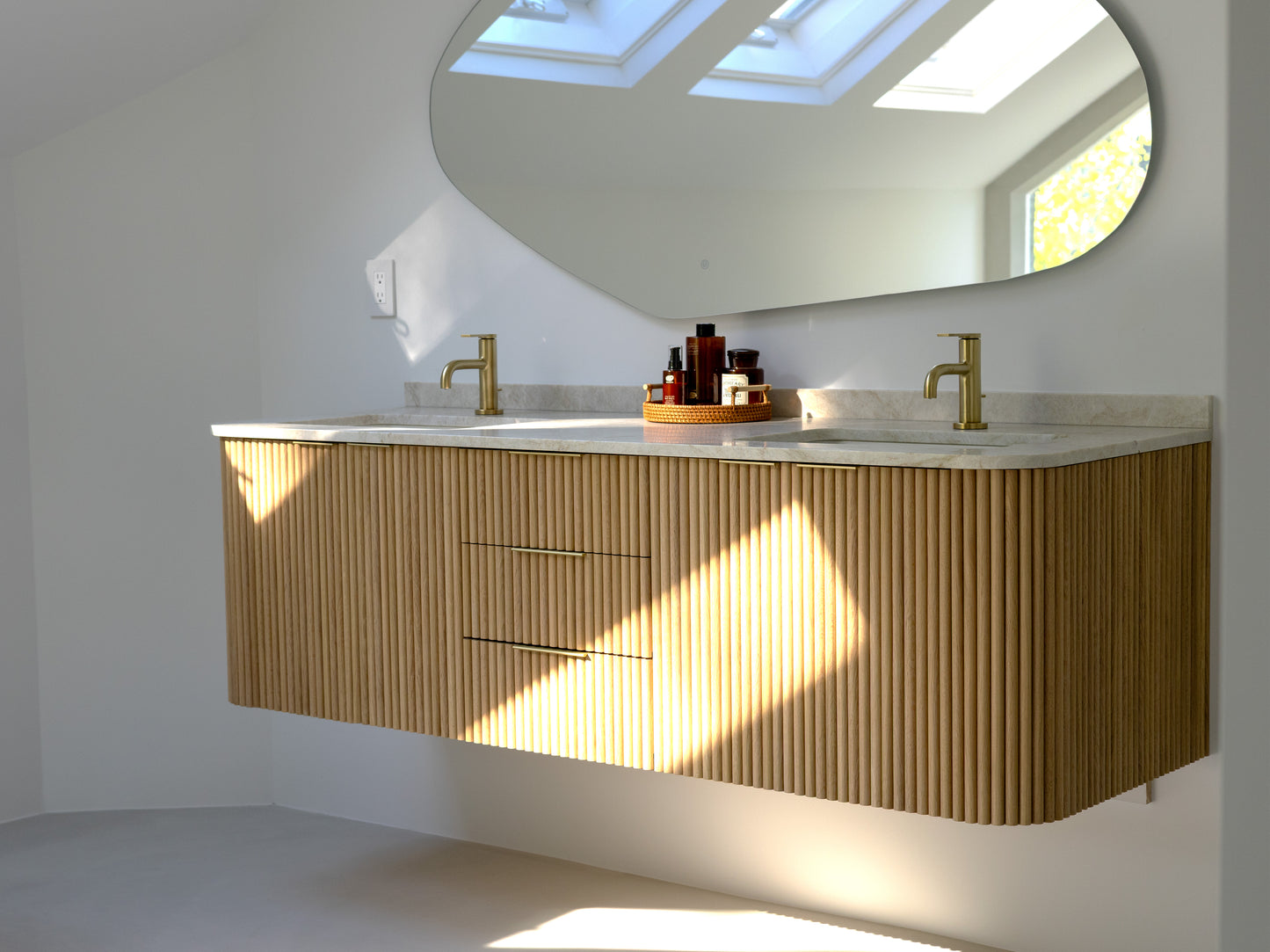 Curved Floating Double Sink Vanity with Oak Rounded Reed Fronts