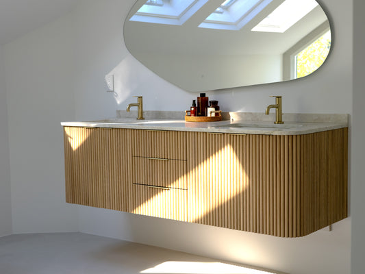 Curved Floating Double Sink Vanity with Oak Rounded Reed Fronts